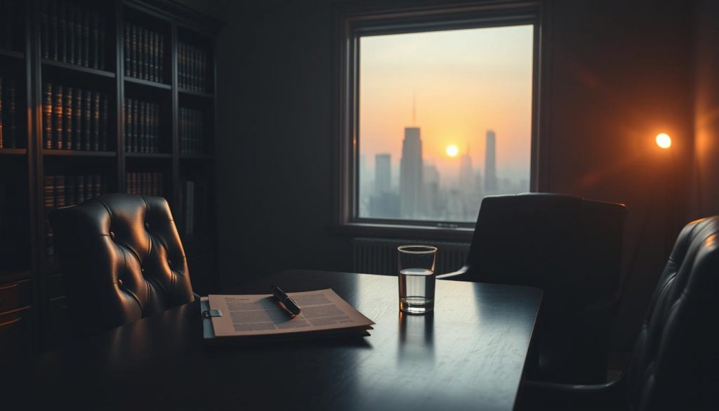 A dimly lit legal office, with a wooden desk and leather chairs in the foreground. On the desk, a stack of documents, a fountain pen, and a glass of water. In the middle ground, a bookshelf with legal tomes lining the shelves, casting shadows across the room. The background is hazy, with a window offering a glimpse of a city skyline outside, the setting sun casting an orange glow. The scene conveys a sense of solemn contemplation, as if the dissolution of a trust is being carefully considered. A dimly lit legal office, with a wooden desk and leather chairs in the foreground. On the desk, a stack of documents, a fountain pen, and a glass of water. In the middle ground, a bookshelf with legal tomes lining the shelves, casting shadows across the room. The background is hazy, with a window offering a glimpse of a city skyline outside, the setting sun casting an orange glow. The scene conveys a sense of solemn contemplation, as if the dissolution of a trust is being carefully considered.
