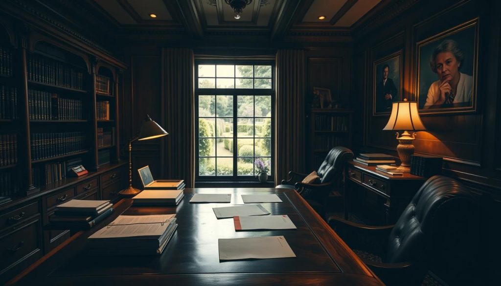 A dimly lit, oak-paneled office setting with a large, ornate wooden desk in the foreground. On the desk, various documents, a computer, and a brass desk lamp casting a warm glow. In the middle ground, a bookshelf filled with legal tomes, and a window overlooking a lush, manicured garden in the background. The atmosphere is one of quiet contemplation and professional expertise, suitable for the task of setting up a Nil Rate Band Discretionary Trust.