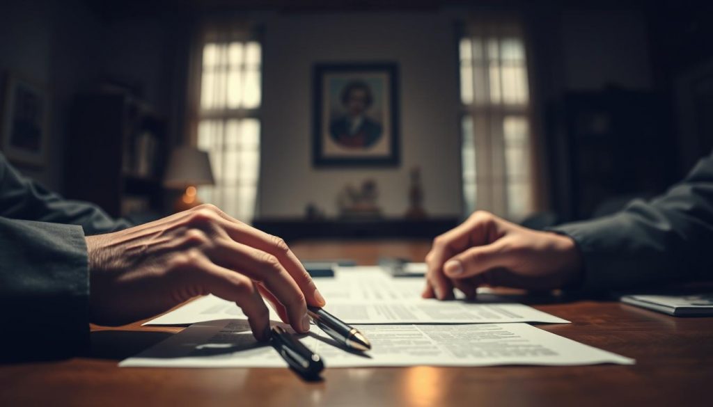 A dimly lit office, a desk in the center, documents and a pen neatly arranged. In the foreground, two hands carefully examining legal papers, brows furrowed in deep concentration. The background blurred, drawing the viewer's attention to the crucial task at hand - understanding the complexities of power of attorney and mental capacity. Soft, warm lighting casts a contemplative mood, the scene evoking a sense of responsibility and the weight of important decisions. A wide-angle lens captures the scene, emphasizing the gravity of the situation. This image conveys the delicate relationship between these critical legal concepts and the need for careful consideration.
