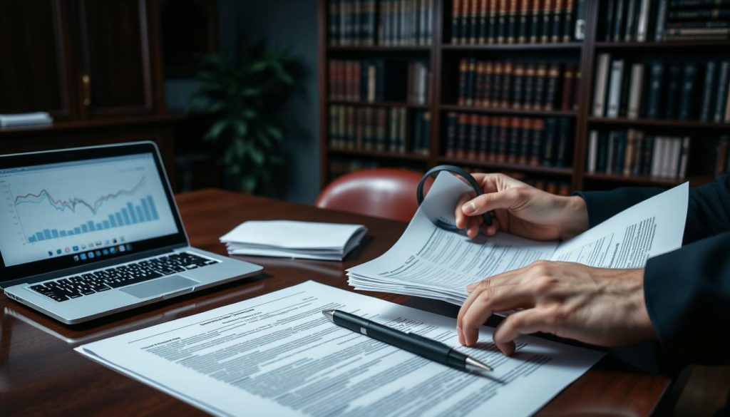 A dimly lit office, a mahogany desk, and a laptop displaying intricate financial charts. In the foreground, a stack of legal documents and a pen, symbolizing the careful planning required for inheritance tax mitigation. The middle ground features a pair of hands, one holding a magnifying glass, the other pointing to a section of the documents, emphasizing the attention to detail. In the background, a bookshelf filled with financial and legal reference materials, conveying the depth of knowledge needed to navigate this complex landscape. The overall atmosphere is one of thoughtful consideration, with a muted color palette and soft lighting creating a sense of contemplation. A dimly lit office, a mahogany desk, and a laptop displaying intricate financial charts. In the foreground, a stack of legal documents and a pen, symbolizing the careful planning required for inheritance tax mitigation. The middle ground features a pair of hands, one holding a magnifying glass, the other pointing to a section of the documents, emphasizing the attention to detail. In the background, a bookshelf filled with financial and legal reference materials, conveying the depth of knowledge needed to navigate this complex landscape. The overall atmosphere is one of thoughtful consideration, with a muted color palette and soft lighting creating a sense of contemplation.