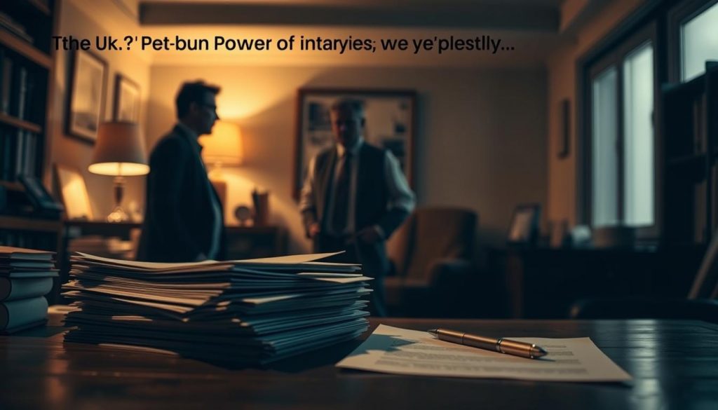 A dimly lit office interior, with a cluttered wooden desk in the foreground. On the desk, a stack of official-looking documents and a pen, hinting at the complexities of legal matters. In the middle ground, two individuals engaged in a tense discussion, their body language suggesting conflict. The background is blurred, but suggests a sense of unease, with shadows creeping in from the corners. Lighting is dramatic, with warm tones from a desk lamp casting an unsettling glow. The overall atmosphere conveys the challenges and potential problems associated with joint power of attorney arrangements in the UK.