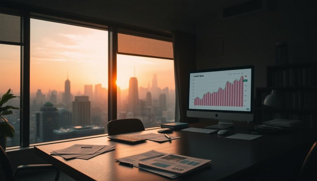 A dimly lit office interior, with a large wooden desk in the foreground. On the desk, a computer monitor displays a graph charting capital gains, while various financial documents are scattered around. In the background, a window overlooks a bustling city skyline, bathed in the soft glow of the setting sun. The mood is one of contemplation and financial planning, with a sense of the complexities involved in navigating capital gains tax deferral.
