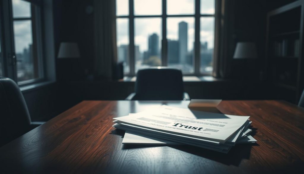 A dimly lit office interior, with a large wooden desk in the foreground. On the desk, a stack of legal documents representing a trust, partially obscured by shadows. In the background, a window overlooking a cityscape, the urban landscape hinting at the broader implications and limitations of trusts in estate planning. The lighting is moody, creating a sense of uncertainty and the challenges inherent in navigating the complexities of wealth transfer and succession. The composition emphasizes the weight and constraints of trust instruments, hinting at the need for alternative solutions that provide more flexibility and control for families.