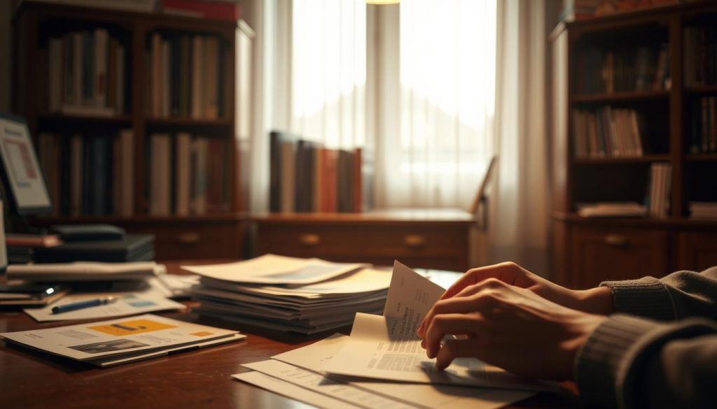 A dimly lit office interior, with a wooden desk, a bookshelf in the background, and a variety of government documents and brochures scattered across the surface. Soft, warm lighting illuminates the scene, creating a sense of contemplation and focus. In the foreground, a person's hands are visible, sorting through the paperwork, exploring the options and resources available for care funding assistance. The overall atmosphere is one of careful consideration and problem-solving, reflecting the subject of "Government Assistance and Funding Options" for care fees planning.