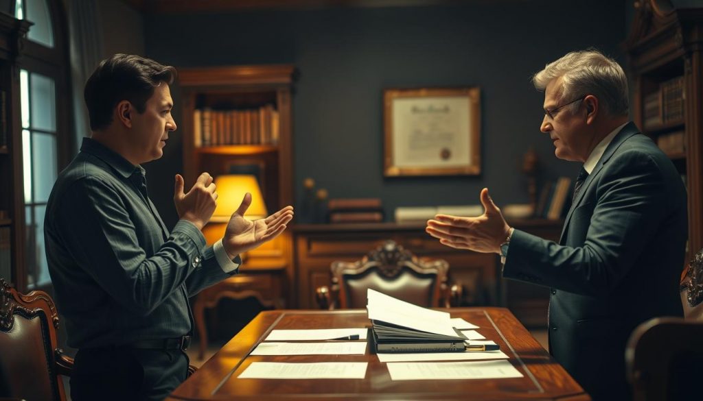 A dimly lit office interior, with ornate wooden furniture and a prominent bookshelf lining the walls. In the foreground, two individuals are engaged in a tense discussion, gesturing emphatically as they debate the nuances of a legal document. Soft, warm lighting casts a subtle glow, creating an atmosphere of contemplation and legal deliberation. The middle ground features a large oak desk, its surface scattered with papers and a tablet, hinting at the complexities of the power of attorney dispute resolution process. The background is slightly blurred, but suggests a sense of authority and professionalism, with a framed certificate or diploma hanging on the wall.
