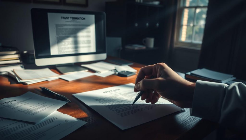 A dimly lit office, papers scattered across a wooden desk, a computer monitor displaying legal documents. In the foreground, a sense of unease and uncertainty as a person's hand hovers over a pen, hesitating to sign the papers - the termination of a trust, a weighty decision with profound consequences. Shadows creep in, adding to the somber atmosphere, while shafts of light from a window suggest a glimmer of hope amidst the uncertainty. The scene conveys the gravity and complexity of trust termination circumstances, inviting the viewer to consider the emotional and legal implications of this pivotal moment. A dimly lit office, papers scattered across a wooden desk, a computer monitor displaying legal documents. In the foreground, a sense of unease and uncertainty as a person's hand hovers over a pen, hesitating to sign the papers - the termination of a trust, a weighty decision with profound consequences. Shadows creep in, adding to the somber atmosphere, while shafts of light from a window suggest a glimmer of hope amidst the uncertainty. The scene conveys the gravity and complexity of trust termination circumstances, inviting the viewer to consider the emotional and legal implications of this pivotal moment.