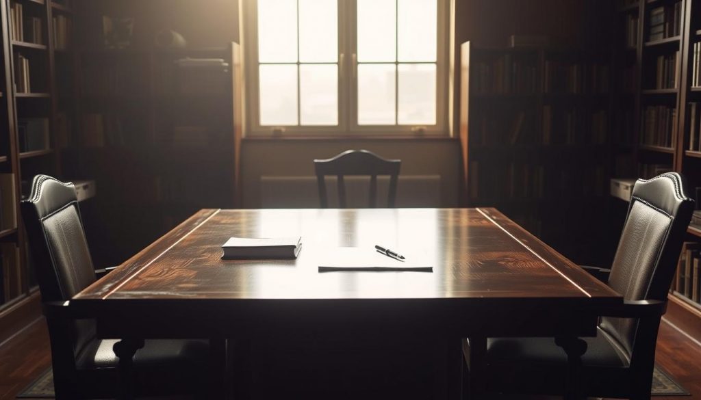 A dimly lit office setting, with a large wooden desk and two chairs facing each other. On the desk, a stack of documents and a pen, symbolizing the dual nature of power of attorney. The room is illuminated by a warm, soft light, creating a contemplative atmosphere. The walls are lined with bookshelves, hinting at the legal and financial complexities involved. The scene conveys the potential challenges and considerations inherent in a joint power of attorney arrangement.