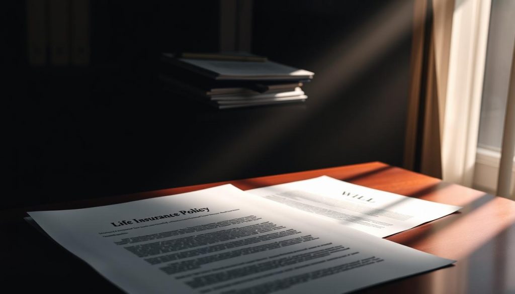 A dimly lit office setting, with a wooden desk and a stack of legal documents. On the desk, a life insurance policy document and a will, representing the key differences between a life policy trust and a traditional will. A shaft of light from a nearby window illuminates the documents, casting shadows and creating a sense of depth and atmosphere. The mood is serious and contemplative, reflecting the importance of making informed decisions about protecting one's family's inheritance. A dimly lit office setting, with a wooden desk and a stack of legal documents. On the desk, a life insurance policy document and a will, representing the key differences between a life policy trust and a traditional will. A shaft of light from a nearby window illuminates the documents, casting shadows and creating a sense of depth and atmosphere. The mood is serious and contemplative, reflecting the importance of making informed decisions about protecting one's family's inheritance.