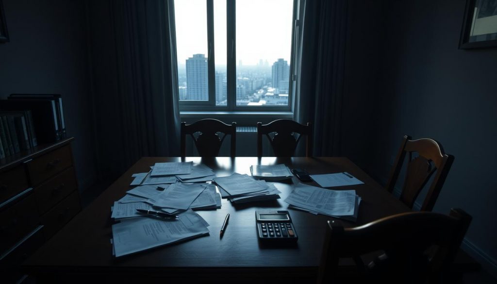 A dimly lit office setting, with a wooden desk and chairs in the foreground. On the desk, various legal documents, a pen, and a calculator are scattered, hinting at the financial and legal complexities of trust dissolution. In the middle ground, a window overlooks a cityscape, the fading light casting long shadows across the room. The atmosphere is contemplative, with a sense of uncertainty and unease. The lighting is soft and moody, creating a sense of seriousness and gravity. The camera angle is slightly elevated, giving the viewer a sense of overview and distance, as if observing the scene unfold. A dimly lit office setting, with a wooden desk and chairs in the foreground. On the desk, various legal documents, a pen, and a calculator are scattered, hinting at the financial and legal complexities of trust dissolution. In the middle ground, a window overlooks a cityscape, the fading light casting long shadows across the room. The atmosphere is contemplative, with a sense of uncertainty and unease. The lighting is soft and moody, creating a sense of seriousness and gravity. The camera angle is slightly elevated, giving the viewer a sense of overview and distance, as if observing the scene unfold.