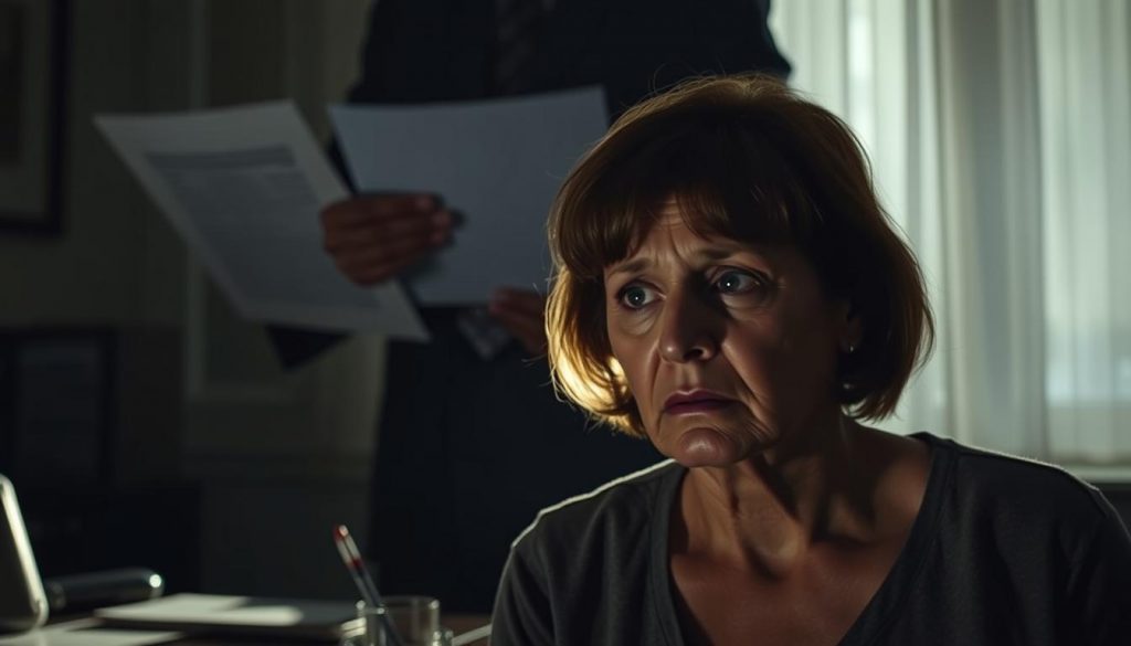 A dimly lit office, shadows cast by a looming figure holding legal documents. In the foreground, a helpless individual appears overwhelmed, their face etched with concern. The background is hazy, suggesting the weightiness of the situation. The lighting is dramatic, creating a sense of tension and the high stakes involved. The scene conveys the risks of not having a power of attorney - the potential for exploitation, loss of control, and the emotional toll it can take on individuals and their loved ones.