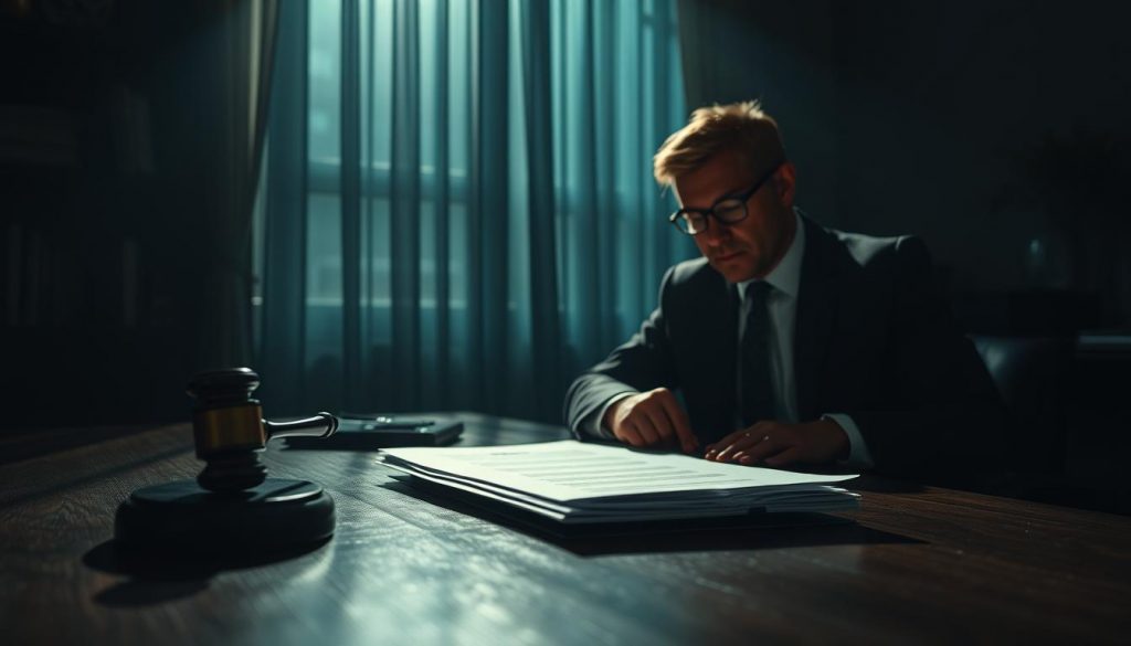 A dimly lit office, the air heavy with the weight of a recent divorce. On the desk, a gavel and a stack of legal documents, casting long shadows across the room. In the foreground, a lawyer sits, brow furrowed, guiding a client through the complexities of trust administration in the aftermath of a broken marriage. The scene is captured through a soft, cinematic lens, the lighting designed to evoke a sense of solemn contemplation and professional expertise. The mood is one of quiet determination, as the pair navigate the uncertain waters of post-divorce finances.