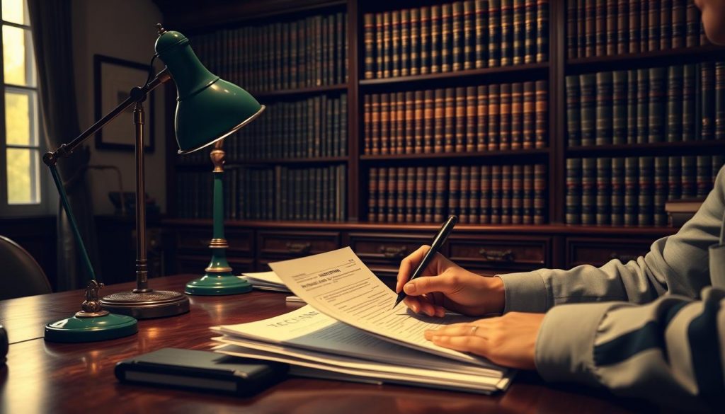 A dimly lit office with a large oak desk, a green accountant's lamp, and a stack of financial documents. In the foreground, a pair of hands carefully reviewing the paperwork, highlighting sections and making meticulous notes. Behind them, a towering bookshelf filled with legal volumes and tax code references, suggesting the complex regulatory framework governing trust accounting. The scene is bathed in a warm, golden glow, conveying a sense of professionalism and attention to detail required in this specialized field. A dimly lit office with a large oak desk, a green accountant's lamp, and a stack of financial documents. In the foreground, a pair of hands carefully reviewing the paperwork, highlighting sections and making meticulous notes. Behind them, a towering bookshelf filled with legal volumes and tax code references, suggesting the complex regulatory framework governing trust accounting. The scene is bathed in a warm, golden glow, conveying a sense of professionalism and attention to detail required in this specialized field.