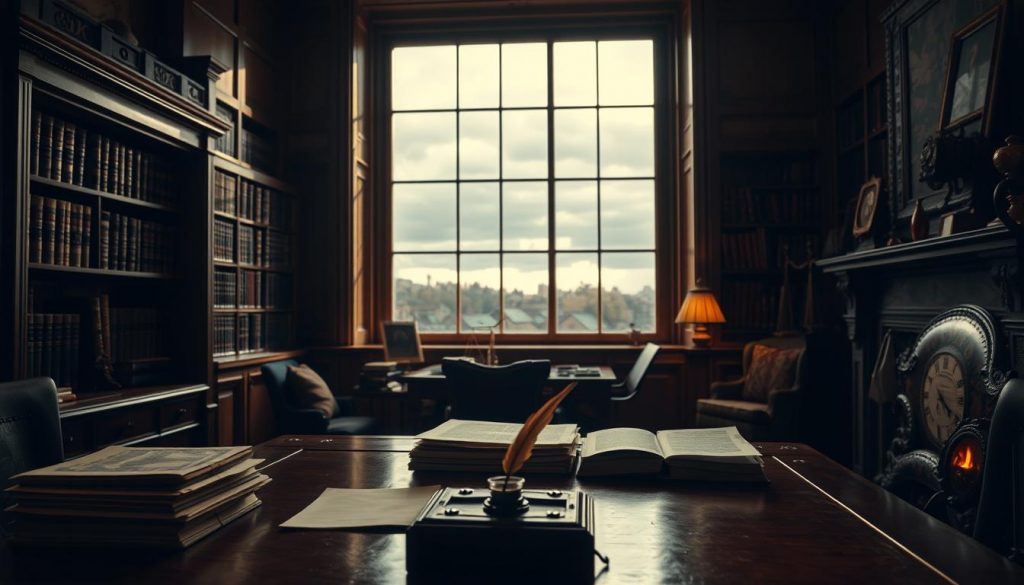 A dimly lit office, wooden furniture and a large, ornate desk in the foreground. Stacks of documents, a quill pen, and an ink well sit atop the desk, hinting at the transition of power following a death. In the middle ground, a tall bookshelf filled with leather-bound volumes, casting long shadows across the room. Through a window in the background, a somber, overcast sky suggests the gravity of the probate process. Warm lighting from a fireplace in the corner casts a subdued glow, creating an atmosphere of solemnity and legal formality.