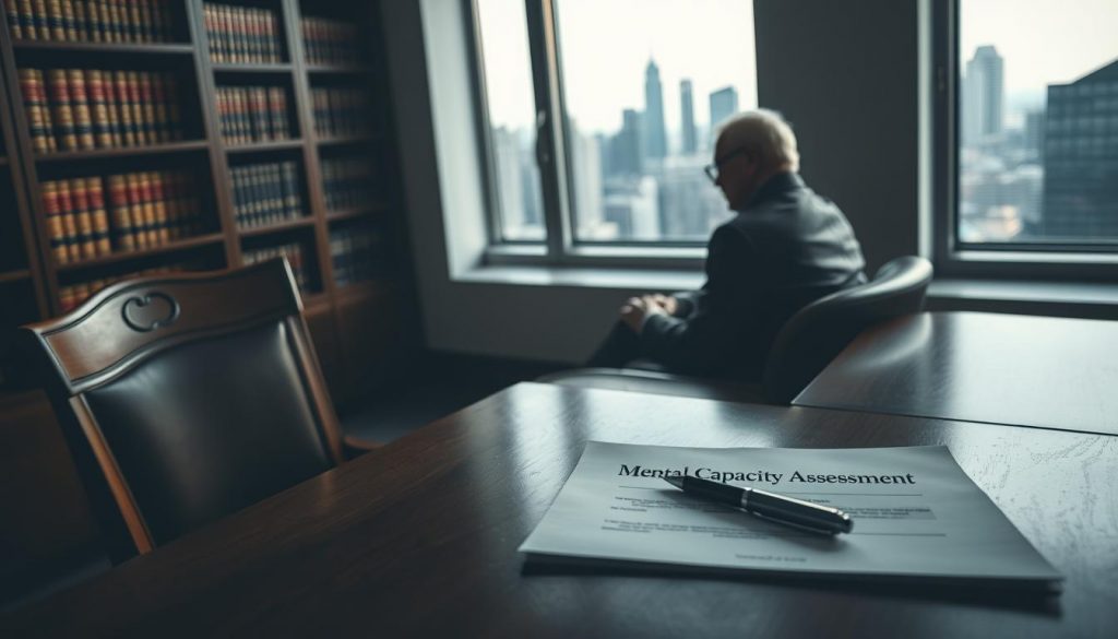 A dimly lit professional office setting, with a wooden desk and chair in the foreground. On the desk, a legal document titled "Mental Capacity Assessment" and a pen resting on it. In the middle ground, a lawyer in a suit sits across from an elderly person, engaged in a serious discussion. The background features law books lining the shelves and a window overlooking a city skyline, conveying a sense of the gravity and importance of the legal decision at hand. Soft, natural lighting illuminates the scene, creating a somber yet focused atmosphere.