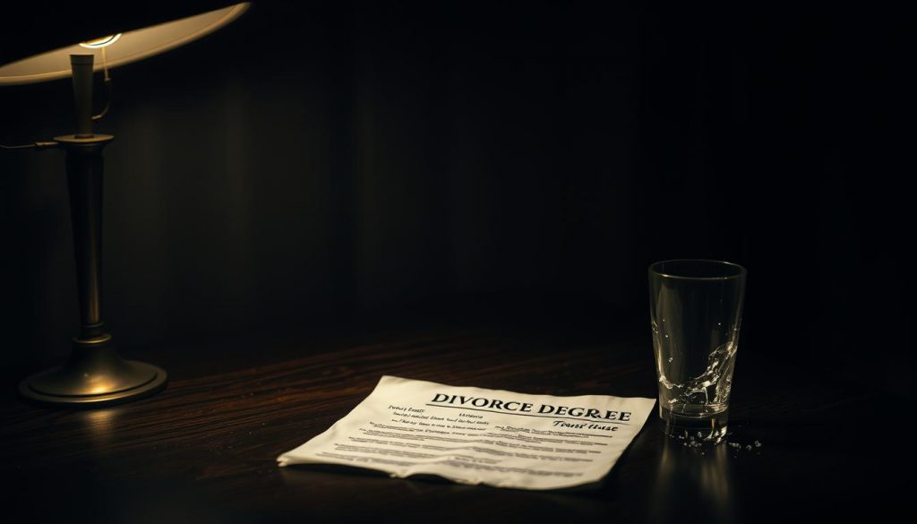 A dimly lit room, shadows cast from a single lamp illuminating a table. On the table, a divorce decree document, crumpled and torn, lies next to a shattered glass, symbolizing the breakdown of trust. The background is hazy, suggesting the emotional turmoil and uncertainty surrounding the implications of the divorce on a trust. The overall atmosphere is somber, with a sense of unease and the weight of the situation palpable.