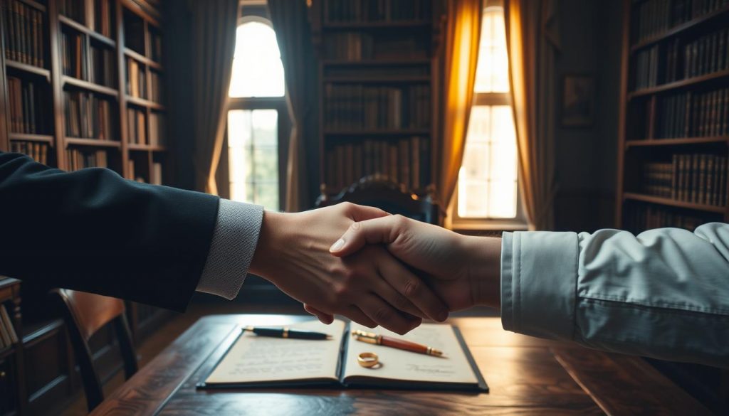 A dimly lit room, wooden bookshelves lining the walls, a heavy oak desk in the middle. On the desk, an open book with ornate calligraphy, a quill pen, and a brass signet ring. The window casts a soft, golden glow, illuminating the scene. In the foreground, two hands shake, signifying the establishment of trust. The lighting is warm and inviting, creating an atmosphere of old-world professionalism and tradition.