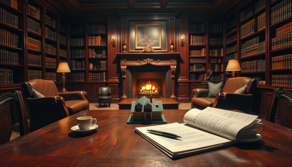 A dimly lit study, heavy mahogany furniture casting shadows on the walls. In the foreground, a well-crafted wooden table with a neatly organized stack of legal documents, a pen, and a cup of steaming coffee. On the table, a model of a family home, symbolizing the intergenerational wealth and legacy being planned. The middle ground features a large, ornate fireplace, its warm glow illuminating the space. In the background, floor-to-ceiling bookshelves filled with volumes on estate planning, trust administration, and tax law. The atmosphere is one of focused deliberation, with a sense of quiet determination to ensure a tax-efficient inheritance for future generations. A dimly lit study, heavy mahogany furniture casting shadows on the walls. In the foreground, a well-crafted wooden table with a neatly organized stack of legal documents, a pen, and a cup of steaming coffee. On the table, a model of a family home, symbolizing the intergenerational wealth and legacy being planned. The middle ground features a large, ornate fireplace, its warm glow illuminating the space. In the background, floor-to-ceiling bookshelves filled with volumes on estate planning, trust administration, and tax law. The atmosphere is one of focused deliberation, with a sense of quiet determination to ensure a tax-efficient inheritance for future generations.