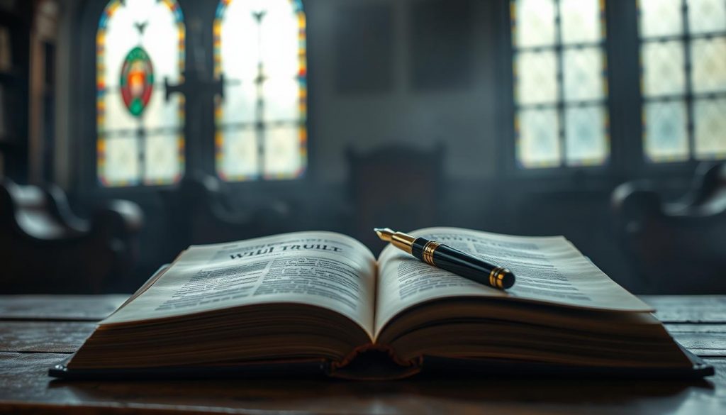 A dimly lit study, soft light filtering through stained glass windows. In the foreground, a weathered leather-bound book, its pages open to reveal the contrasting concepts of a will and a trust - one representing the clear expression of individual intent, the other the gentle guidance of shared understanding. In the middle ground, a pair of elegant fountain pens, one upright, the other laying across the open pages, symbolizing the difference between decisive action and patient deliberation. The background is hazy, suggesting the complex considerations families must navigate when choosing between these two crucial legal instruments. A dimly lit study, soft light filtering through stained glass windows. In the foreground, a weathered leather-bound book, its pages open to reveal the contrasting concepts of a will and a trust - one representing the clear expression of individual intent, the other the gentle guidance of shared understanding. In the middle ground, a pair of elegant fountain pens, one upright, the other laying across the open pages, symbolizing the difference between decisive action and patient deliberation. The background is hazy, suggesting the complex considerations families must navigate when choosing between these two crucial legal instruments.