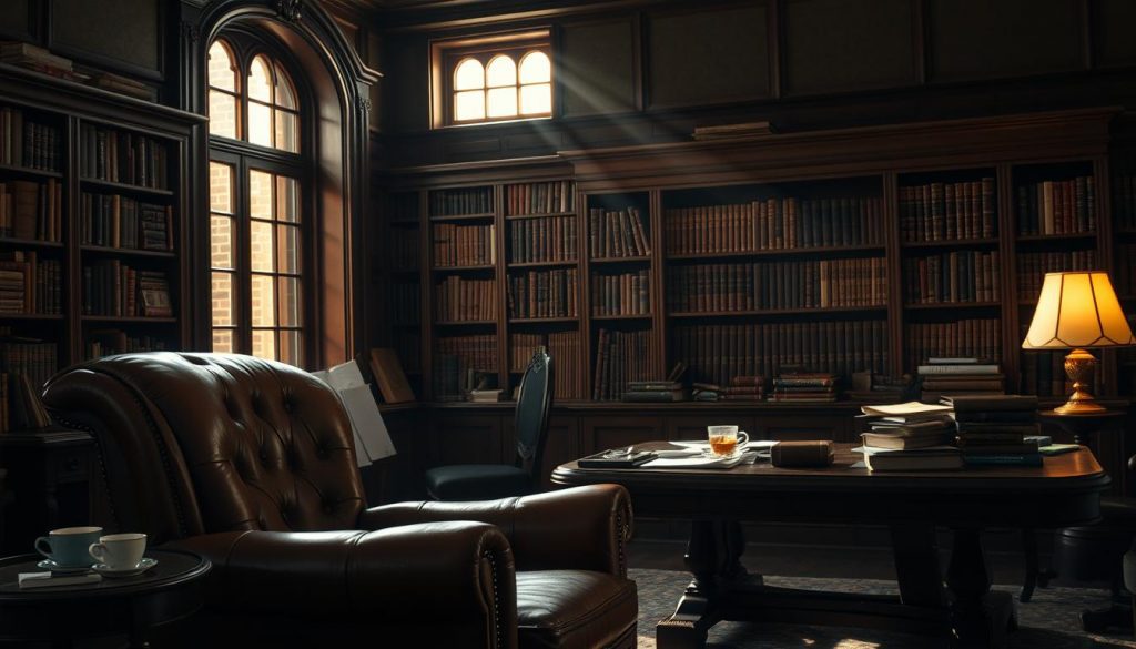 A dimly-lit study, the air heavy with the scent of old books and mahogany. A well-worn leather armchair sits in the foreground, a steaming cup of tea on the side table beside it. In the middle ground, a large oak desk, its surface cluttered with scattered papers and a gently flickering lamp. In the background, a towering bookshelf, its shelves groaning under the weight of volumes that hold the secrets of generations past. Sunlight filters in through the mullioned windows, casting soft, golden shadows across the scene, hinting at the weight of responsibility and the complexities of family legacy. The mood is pensive, introspective, a moment of quiet contemplation on the nature of trusts and the challenges they can present.