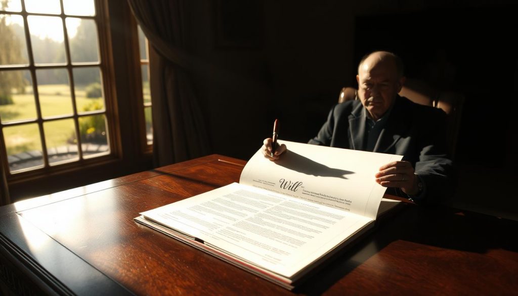 A dimly lit study, where a lone figure sits at a mahogany desk, pen in hand. The air is pensive, the light soft and warm, casting long shadows across the room. Atop the desk, an open book and a carefully crafted will, its importance evident in the reverence with which the figure handles the document. In the background, a large window reveals a serene, sunlit garden, a metaphor for the peace and security that a well-crafted will can provide. The scene conveys the gravity and significance of this legal instrument, the foundation upon which families can build trust and security for the future. A dimly lit study, where a lone figure sits at a mahogany desk, pen in hand. The air is pensive, the light soft and warm, casting long shadows across the room. Atop the desk, an open book and a carefully crafted will, its importance evident in the reverence with which the figure handles the document. In the background, a large window reveals a serene, sunlit garden, a metaphor for the peace and security that a well-crafted will can provide. The scene conveys the gravity and significance of this legal instrument, the foundation upon which families can build trust and security for the future.