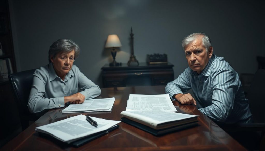 A dimly lit study with a sense of unease and tension. In the foreground, a middle-aged couple sit at a mahogany desk, their postures rigid and their faces etched with a mixture of distrust and apprehension. Thick legal documents and a pen lie on the desk between them, symbolizing the division and complexity of their divorce settlement. The background is hazy, suggesting the uncertainty and emotional turmoil surrounding their situation. Soft shadows cast by a single lamp create a somber, introspective atmosphere, emphasizing the gravity of the moment. The overall scene conveys the challenge of maintaining trust and communication during a divorce, a critical element of any prenuptial agreement.