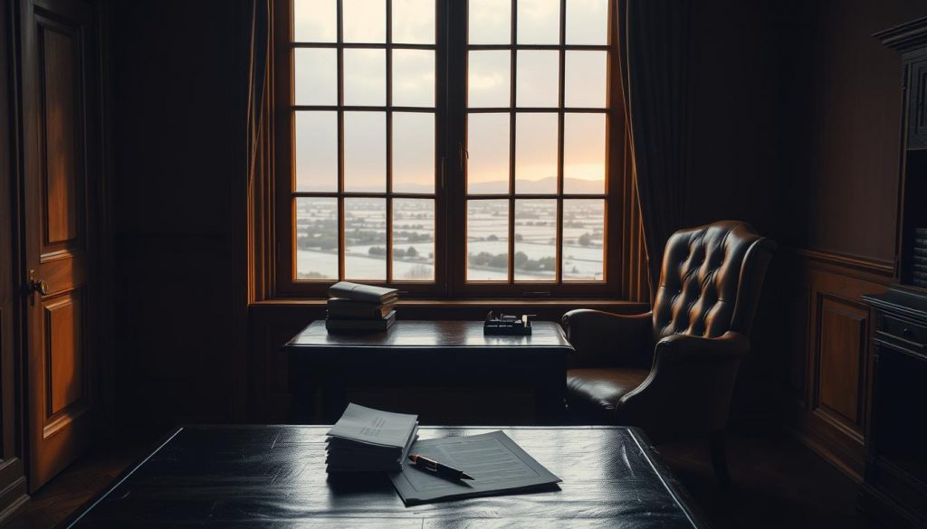 A dimly lit study with an antique desk, a leather armchair, and a large window overlooking a gloomy landscape. On the desk, a stack of documents and a pen, symbolizing the serious implications of not transferring the nil rate band. The room is bathed in a warm, golden light filtering through the window, creating a contemplative atmosphere. The scene evokes the weight and complexity of estate planning decisions, their consequences resonating in the stillness of the space.