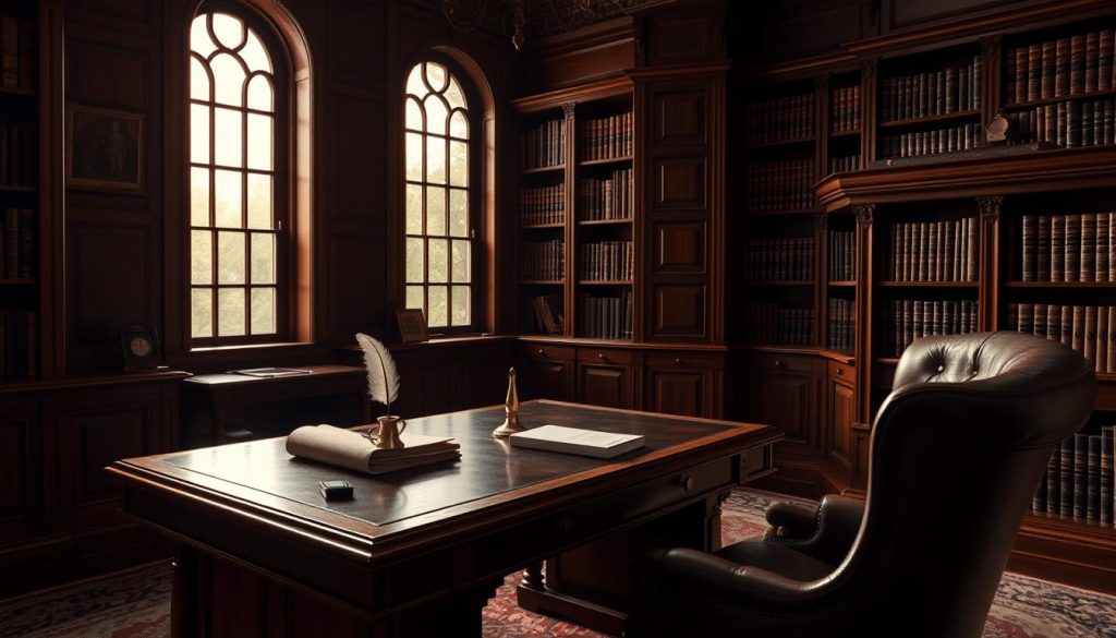 A dimly lit study with heavy oak furniture, a large window casting warm natural light upon a sturdy wooden desk. On the desk, a stack of documents, a quill pen, and an ornate brass inkwell. The walls are lined with floor-to-ceiling bookshelves, filled with leather-bound volumes. In the corner, a plush leather armchair, inviting contemplation of the intricacies of trust taxation rules. The atmosphere is one of quiet authority and intellectual rigor, reflecting the weighty matters at hand.