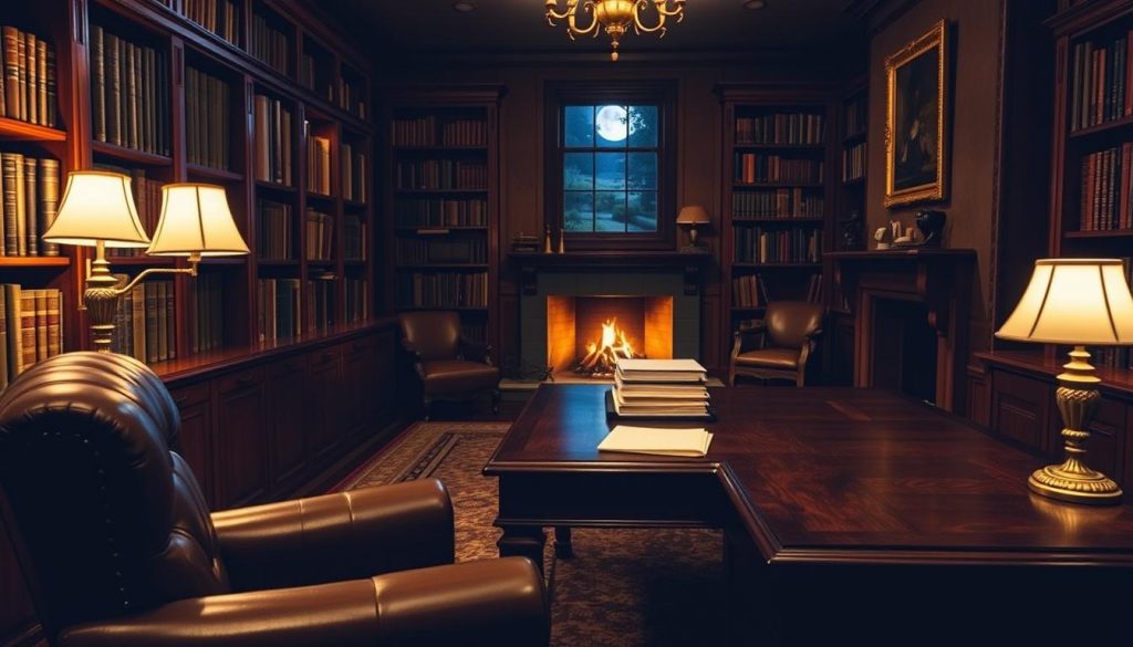 A dimly lit study with mahogany bookshelves lining the walls, a rich leather armchair in the foreground, and a large oak desk in the middle ground. On the desk, a stack of documents and a brass desk lamp casting a warm glow. In the background, a fireplace with a crackling fire, and a window offering a glimpse of a moonlit garden. The scene exudes an atmosphere of contemplation and diligence, perfectly suited for evaluating the different types of trusts available to UK homeowners.