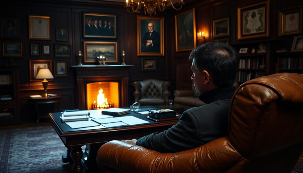A dimly lit study, with rich mahogany furniture and a warm, inviting atmosphere. In the center, a large, ornate wooden desk, the surface covered in documents and legal paperwork. Framed certificates and diplomas adorn the walls, casting a sense of authority and expertise. A flickering fireplace casts a soft, ambient glow, illuminating the scene. In the foreground, a weathered leather armchair, the sitter's face obscured by shadow, contemplating the weighty decisions at hand. The entire composition conveys a sense of quiet contemplation, the gravity of the "nil rate band discretionary trust second death" decision-making process. A dimly lit study, with rich mahogany furniture and a warm, inviting atmosphere. In the center, a large, ornate wooden desk, the surface covered in documents and legal paperwork. Framed certificates and diplomas adorn the walls, casting a sense of authority and expertise. A flickering fireplace casts a soft, ambient glow, illuminating the scene. In the foreground, a weathered leather armchair, the sitter's face obscured by shadow, contemplating the weighty decisions at hand. The entire composition conveys a sense of quiet contemplation, the gravity of the "nil rate band discretionary trust second death" decision-making process.