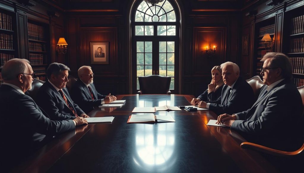 A dimly lit, wood-paneled office where a board of distinguished individuals, seated around an ornate table, thoughtfully evaluate the qualifications of potential trustees. Warm lighting casts long shadows, creating an atmosphere of contemplation and trust. Leather-bound books line the shelves, and a large window offers a glimpse of a tranquil garden outside, suggesting the gravitas and responsibility of the decision at hand. The trustees' expressions are serious yet discerning, as they carefully discuss the merits of each candidate, mindful of the profound impact their choice will have on the trust's beneficiaries. A dimly lit, wood-paneled office where a board of distinguished individuals, seated around an ornate table, thoughtfully evaluate the qualifications of potential trustees. Warm lighting casts long shadows, creating an atmosphere of contemplation and trust. Leather-bound books line the shelves, and a large window offers a glimpse of a tranquil garden outside, suggesting the gravitas and responsibility of the decision at hand. The trustees' expressions are serious yet discerning, as they carefully discuss the merits of each candidate, mindful of the profound impact their choice will have on the trust's beneficiaries.