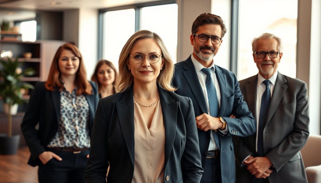 A diverse group of professionals, from all walks of life, confidently standing in a modern, well-lit office setting. In the foreground, a middle-aged woman in a sharp suit exudes authority, while a young man in casual attire and an older gentleman in a tailored suit stand beside her, representing the range of individuals who can act as legal representatives. The background features tasteful decor and large windows, creating a sense of professionalism and opportunity. Warm, natural lighting illuminates the scene, conveying an atmosphere of trust and competence. A diverse group of professionals, from all walks of life, confidently standing in a modern, well-lit office setting. In the foreground, a middle-aged woman in a sharp suit exudes authority, while a young man in casual attire and an older gentleman in a tailored suit stand beside her, representing the range of individuals who can act as legal representatives. The background features tasteful decor and large windows, creating a sense of professionalism and opportunity. Warm, natural lighting illuminates the scene, conveying an atmosphere of trust and competence.