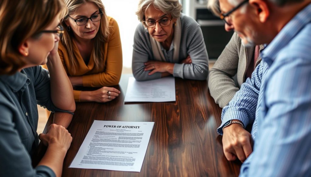 A family gathered around a table, solemnly discussing important legal documents. In the center, a power of attorney form lays open, reflecting the somber mood. Soft lighting casts gentle shadows, conveying the weight of the decision. The faces of the family members are captured in contemplative expressions, their postures conveying the gravity of the situation. The background is blurred, keeping the focus on the documents and the family's interaction. The scene evokes a sense of responsibility and the necessary communication during a time of transition.