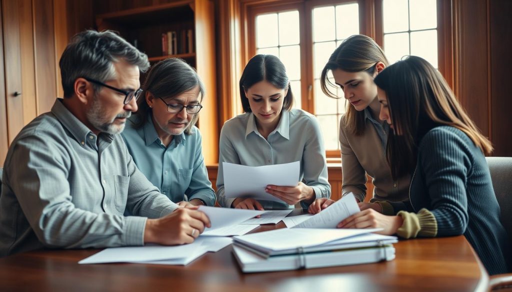 A family gathered around a table, thoughtfully discussing tax planning strategies for their business. A warm, wood-paneled office setting, with a large window letting in natural light. The father, mother, and their two adult children pore over financial documents, carefully considering their options. The mood is serious yet focused, as they navigate the complexities of inheritance tax laws. Bookshelf in the background, lending an air of professionalism. Soft, muted tones create a sense of calm contemplation. A lens blur effect gently separates the foreground from the background, guiding the viewer's attention to the family's diligent deliberations. A family gathered around a table, thoughtfully discussing tax planning strategies for their business. A warm, wood-paneled office setting, with a large window letting in natural light. The father, mother, and their two adult children pore over financial documents, carefully considering their options. The mood is serious yet focused, as they navigate the complexities of inheritance tax laws. Bookshelf in the background, lending an air of professionalism. Soft, muted tones create a sense of calm contemplation. A lens blur effect gently separates the foreground from the background, guiding the viewer's attention to the family's diligent deliberations.