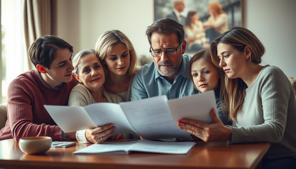 A family gathering around a table, discussing financial planning and life insurance policies. The scene is softly lit, with warm tones and a sense of intimacy. In the foreground, a middle-aged couple sits with their adult children, examining documents and discussing the implications of inheritance tax. The background is blurred, but hints at a cozy, domestic setting, perhaps a living room or study. The expressions on the faces convey a mixture of concern and determination, as they navigate the complexities of securing their family's future. A family gathering around a table, discussing financial planning and life insurance policies. The scene is softly lit, with warm tones and a sense of intimacy. In the foreground, a middle-aged couple sits with their adult children, examining documents and discussing the implications of inheritance tax. The background is blurred, but hints at a cozy, domestic setting, perhaps a living room or study. The expressions on the faces convey a mixture of concern and determination, as they navigate the complexities of securing their family's future.