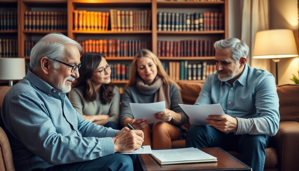 A family sitting around a cozy living room, discussing estate planning documents and their financial future. In the foreground, an elderly couple signing legal paperwork, their faces expressing a sense of security and relief. In the middle ground, their adult children engaged in thoughtful conversation, nodding with understanding. The background features bookshelves filled with law and finance books, casting a warm, amber-toned light throughout the scene. The overall mood is one of trust, collaboration, and the comfort of knowing one's family is protected.