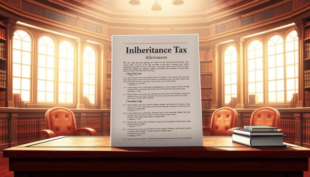 A finely detailed illustration of a legal document titled "Inheritance Tax Allowances", displayed on a mahogany desk against a backdrop of a stately library with oak-paneled walls, leather-bound volumes, and soft, warm lighting filtering through large windows. The document's text is clearly legible, showcasing the key components of inheritance tax allowances, while the overall scene conveys a sense of authority, legacy, and thoughtful financial planning. A finely detailed illustration of a legal document titled "Inheritance Tax Allowances", displayed on a mahogany desk against a backdrop of a stately library with oak-paneled walls, leather-bound volumes, and soft, warm lighting filtering through large windows. The document's text is clearly legible, showcasing the key components of inheritance tax allowances, while the overall scene conveys a sense of authority, legacy, and thoughtful financial planning.