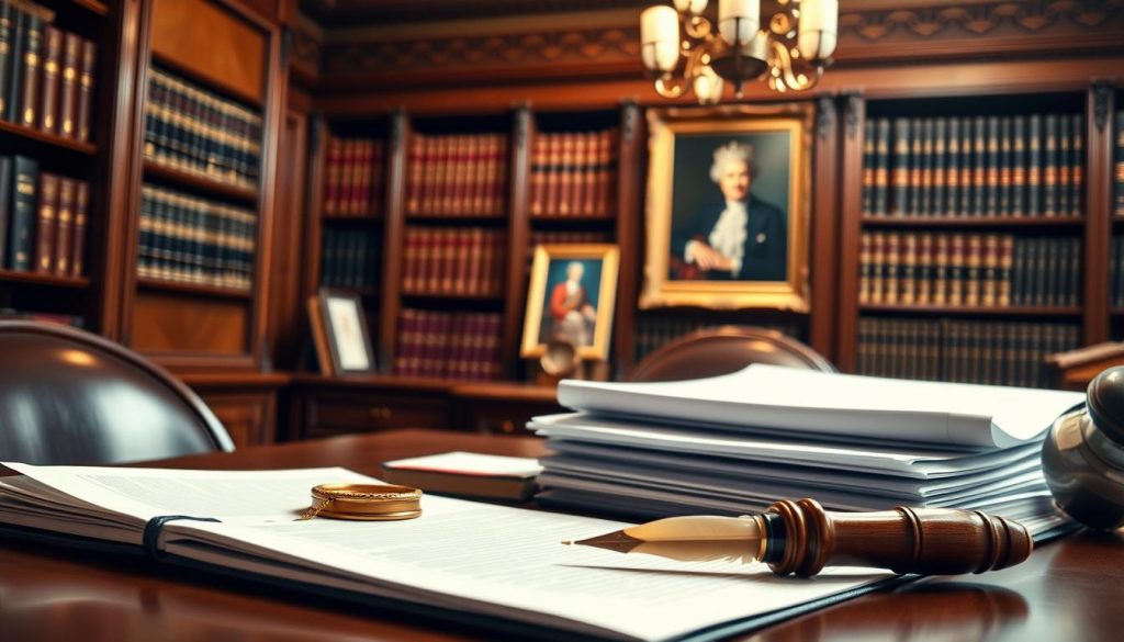 A formal, administrative process set against the backdrop of a traditional British legal office. In the foreground, a desk with a stack of documents, a quill pen, and a seal of approval. In the middle ground, a bookshelf filled with legal tomes and a framed portrait of the monarch. The lighting is warm and inviting, conveying a sense of professionalism and authority. The camera angle is slightly elevated, giving the viewer a sense of the solemnity and importance of the trust registration process. The overall mood is one of diligence, precision, and the upholding of time-honored traditions within the UK's legal system.