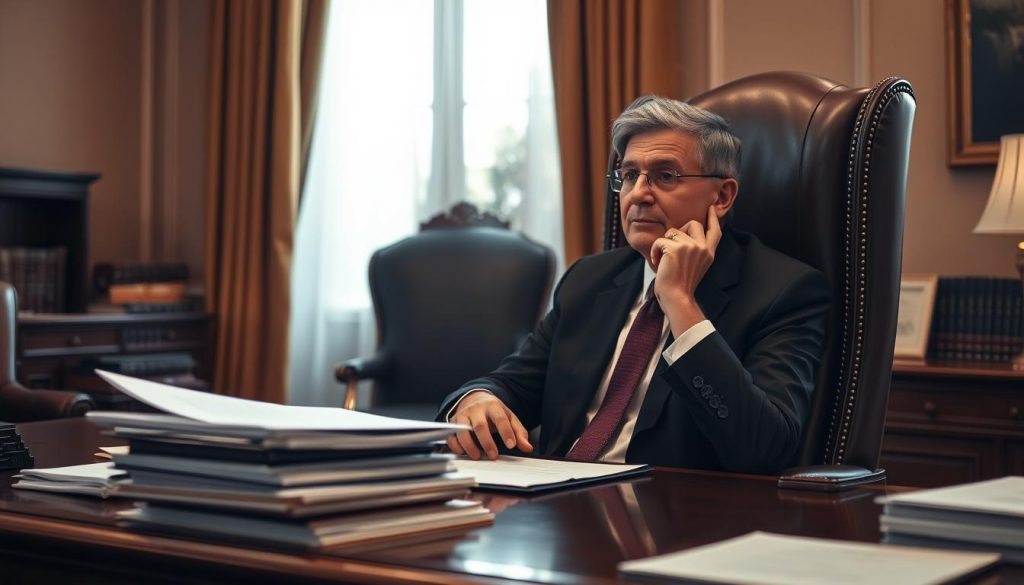 A formal and authoritative office setting, with a well-dressed attorney sitting at a large wooden desk, deep in contemplation. A high-backed leather chair, a stack of documents, and a thoughtful gaze convey the weight of the decision-making process. Warm lighting from a window casts a soft glow, while the background is a tasteful, muted palette, allowing the subject to take center stage. The atmosphere exudes professionalism, expertise, and the gravity of the attorney's role in managing personal affairs and legal responsibilities. A formal and authoritative office setting, with a well-dressed attorney sitting at a large wooden desk, deep in contemplation. A high-backed leather chair, a stack of documents, and a thoughtful gaze convey the weight of the decision-making process. Warm lighting from a window casts a soft glow, while the background is a tasteful, muted palette, allowing the subject to take center stage. The atmosphere exudes professionalism, expertise, and the gravity of the attorney's role in managing personal affairs and legal responsibilities.