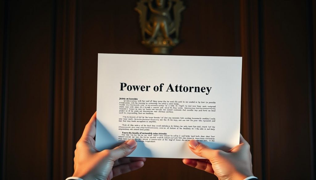 A formal, authoritative document against a dignified backdrop, showcasing a legally-binding power of attorney form with the text "Jointly and Severally" prominently displayed. The document is held by two hands, symbolizing shared responsibility and decision-making. Warm, directional lighting illuminates the scene, creating a sense of importance and gravity. The composition emphasizes the collaborative nature of this legal arrangement, with the document positioned centrally and the hands framing it. The overall mood conveys the gravitas and significance of this jointly and severally power of attorney.