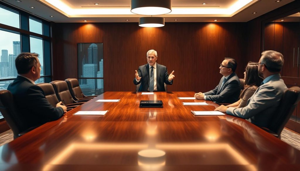 A formal conference room with a polished wooden table, leather chairs, and large windows overlooking a city skyline. At the head of the table, a mature man in a suit gestures as he explains the trust management process to a group of attentive professionals. Soft lighting from overhead fixtures casts a warm glow, creating an atmosphere of trust and collaboration. The scene conveys a sense of security, stability, and diligent oversight as the trust is being carefully established.