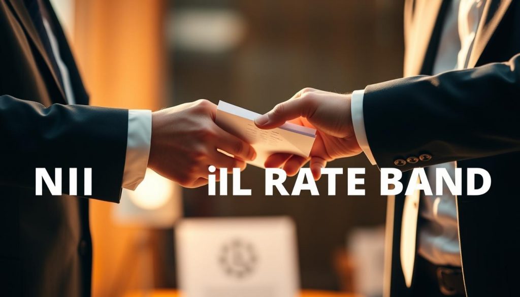 A formal financial document being transferred between two well-dressed individuals, illuminated by soft, warm lighting. The focus is on the hands exchanging the paperwork, conveying the serious yet important nature of the transaction. The background is slightly blurred, emphasizing the central action. The overall atmosphere is one of professionalism and financial expertise, suitable for illustrating the concept of transferring the Nil Rate Band.