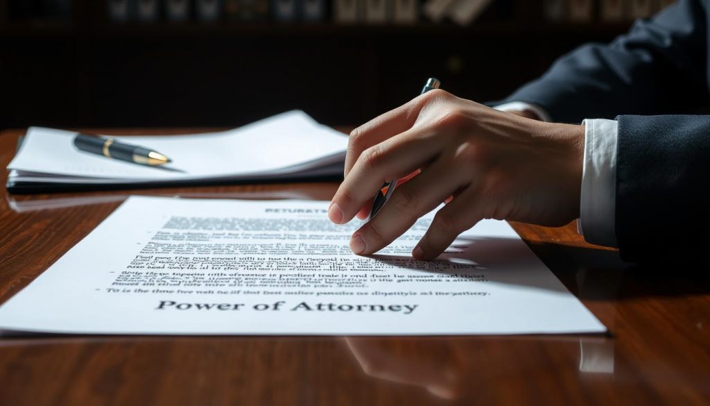 A formal office setting with a wooden desk, a stack of documents, and a pen resting on top. A person's hand reaching out to sign a document, indicating the revocation of a power of attorney. The lighting is soft and directional, casting subtle shadows that emphasize the gravity of the moment. The background is slightly blurred, keeping the focus on the central action. The overall mood is one of deliberation and finality, as the individual makes an important legal decision.