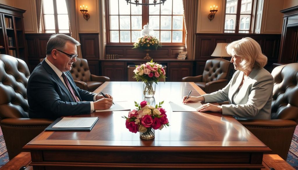A formal, professional office setting with a large wooden desk, plush leather chairs, and a vase of fresh flowers. Two people, a middle-aged man and woman, are sitting across from each other, reviewing and signing legal documents. The lighting is warm and inviting, with sunlight streaming in through tall windows. The atmosphere conveys a sense of trust, diligence, and the gravity of the lasting power of attorney process. The scene is captured from a slightly elevated angle, providing a comprehensive view of the proceedings. A formal, professional office setting with a large wooden desk, plush leather chairs, and a vase of fresh flowers. Two people, a middle-aged man and woman, are sitting across from each other, reviewing and signing legal documents. The lighting is warm and inviting, with sunlight streaming in through tall windows. The atmosphere conveys a sense of trust, diligence, and the gravity of the lasting power of attorney process. The scene is captured from a slightly elevated angle, providing a comprehensive view of the proceedings.