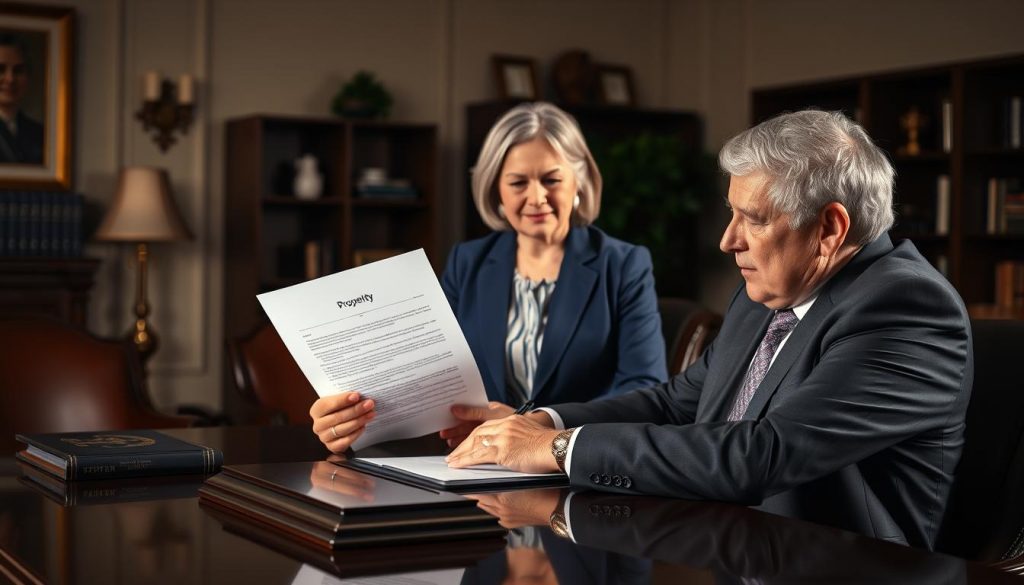 A formal, well-lit scene depicting the legal transfer of property rights via a power of attorney document. In the foreground, a legal professional in a suit sits at a desk, intently reviewing and signing official paperwork. Beside them, a middle-aged couple in smart casual attire watch on, expressions serious yet hopeful. The background features an elegant office interior with tasteful decor, suggesting a high-end law firm. Soft, directional lighting casts subtle shadows, adding depth and gravitas to the composition. The overall mood is one of professionalism, trust, and the gravity of the legal proceedings. A formal, well-lit scene depicting the legal transfer of property rights via a power of attorney document. In the foreground, a legal professional in a suit sits at a desk, intently reviewing and signing official paperwork. Beside them, a middle-aged couple in smart casual attire watch on, expressions serious yet hopeful. The background features an elegant office interior with tasteful decor, suggesting a high-end law firm. Soft, directional lighting casts subtle shadows, adding depth and gravitas to the composition. The overall mood is one of professionalism, trust, and the gravity of the legal proceedings.