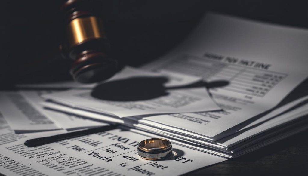 A gavel slowly descending on a stack of legal documents, casting a long, foreboding shadow across the scene. The image is bathed in a somber, muted color palette, conveying a sense of heaviness and uncertainty. In the foreground, a broken wedding ring lies amidst the papers, a symbolic representation of the limitations and vulnerabilities of using trusts for divorce protection. The overall composition suggests the fragility of such legal arrangements when faced with the complexities of personal relationships and the court system. A gavel slowly descending on a stack of legal documents, casting a long, foreboding shadow across the scene. The image is bathed in a somber, muted color palette, conveying a sense of heaviness and uncertainty. In the foreground, a broken wedding ring lies amidst the papers, a symbolic representation of the limitations and vulnerabilities of using trusts for divorce protection. The overall composition suggests the fragility of such legal arrangements when faced with the complexities of personal relationships and the court system.