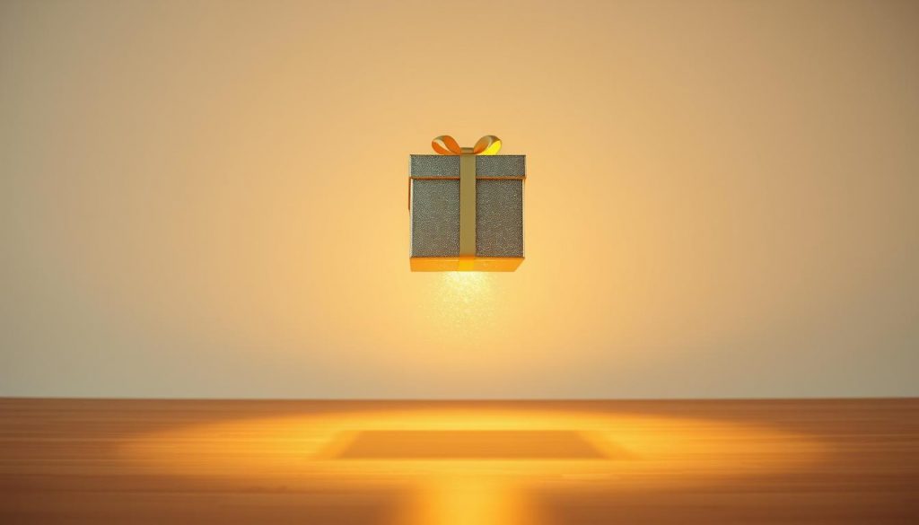 A gift box hovers in mid-air, suspended by a golden beam of light emanating from below. The box's surface shimmers with a subtle holographic effect, hinting at the magical energy that sustains it. In the foreground, a warm, diffused light illuminates the scene, casting soft shadows and creating a sense of ethereal wonder. The background is a minimalist, clean space, allowing the levitating gift to take center stage and captivate the viewer's attention. The overall mood is one of tranquility and awe, inviting the observer to ponder the mysteries of this extraordinary phenomenon. A gift box hovers in mid-air, suspended by a golden beam of light emanating from below. The box's surface shimmers with a subtle holographic effect, hinting at the magical energy that sustains it. In the foreground, a warm, diffused light illuminates the scene, casting soft shadows and creating a sense of ethereal wonder. The background is a minimalist, clean space, allowing the levitating gift to take center stage and captivate the viewer's attention. The overall mood is one of tranquility and awe, inviting the observer to ponder the mysteries of this extraordinary phenomenon.