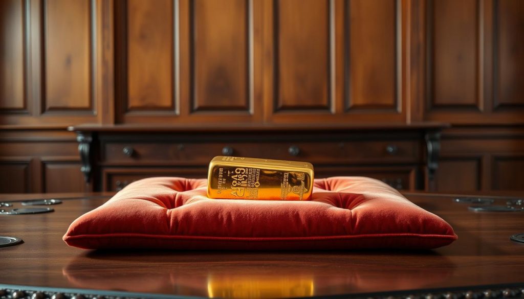 A gleaming gold ingot rests on a plush, velvet cushion, casting a warm glow upon the ornate, mahogany table it sits upon. The ingot is illuminated by soft, diffused lighting, creating subtle shadows that accentuate its intricate details. In the background, a stately, oak-paneled wall serves as a dignified backdrop, evoking a sense of wealth and tradition. The composition is balanced, with the gold ingot occupying the focal point, symbolizing the financial security and generational wealth that is often associated with gold ownership. The overall scene conveys a sense of exclusivity and privilege, suggesting the potential for gold to be exempt from certain tax burdens, such as inheritance taxes. A gleaming gold ingot rests on a plush, velvet cushion, casting a warm glow upon the ornate, mahogany table it sits upon. The ingot is illuminated by soft, diffused lighting, creating subtle shadows that accentuate its intricate details. In the background, a stately, oak-paneled wall serves as a dignified backdrop, evoking a sense of wealth and tradition. The composition is balanced, with the gold ingot occupying the focal point, symbolizing the financial security and generational wealth that is often associated with gold ownership. The overall scene conveys a sense of exclusivity and privilege, suggesting the potential for gold to be exempt from certain tax burdens, such as inheritance taxes.