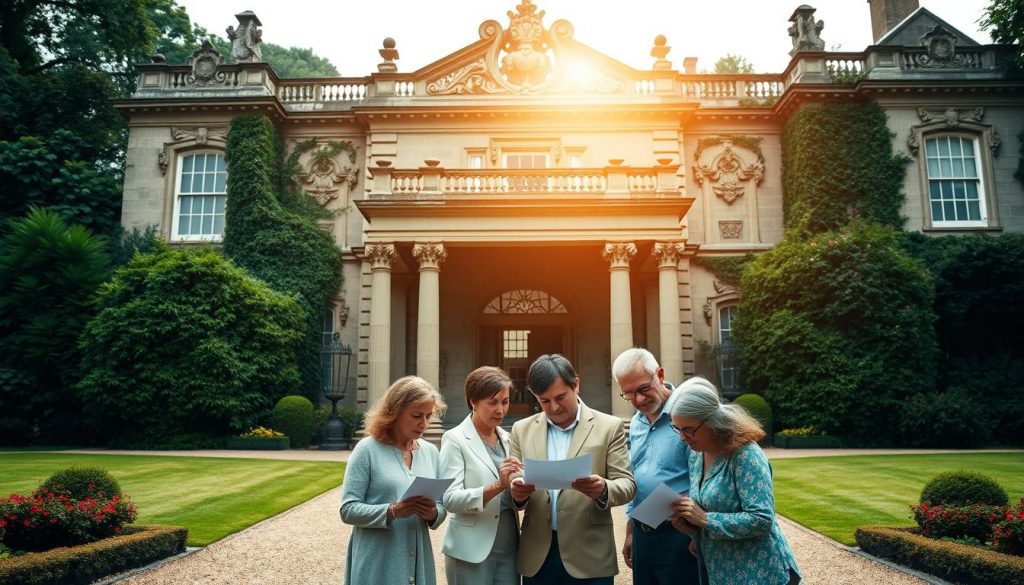 A graceful, stately manor set against a lush, verdant landscape, its grand entrance adorned with elaborate stone carvings and towering columns. In the foreground, a family gathers, sharing a moment of reverence as they review legal documents, their expressions somber yet resolute. Warm, diffused lighting filters through the grand windows, casting a contemplative glow over the scene. The composition evokes a sense of historical significance and the weighty decisions surrounding the intricacies of inheritance tax exemptions. A graceful, stately manor set against a lush, verdant landscape, its grand entrance adorned with elaborate stone carvings and towering columns. In the foreground, a family gathers, sharing a moment of reverence as they review legal documents, their expressions somber yet resolute. Warm, diffused lighting filters through the grand windows, casting a contemplative glow over the scene. The composition evokes a sense of historical significance and the weighty decisions surrounding the intricacies of inheritance tax exemptions.