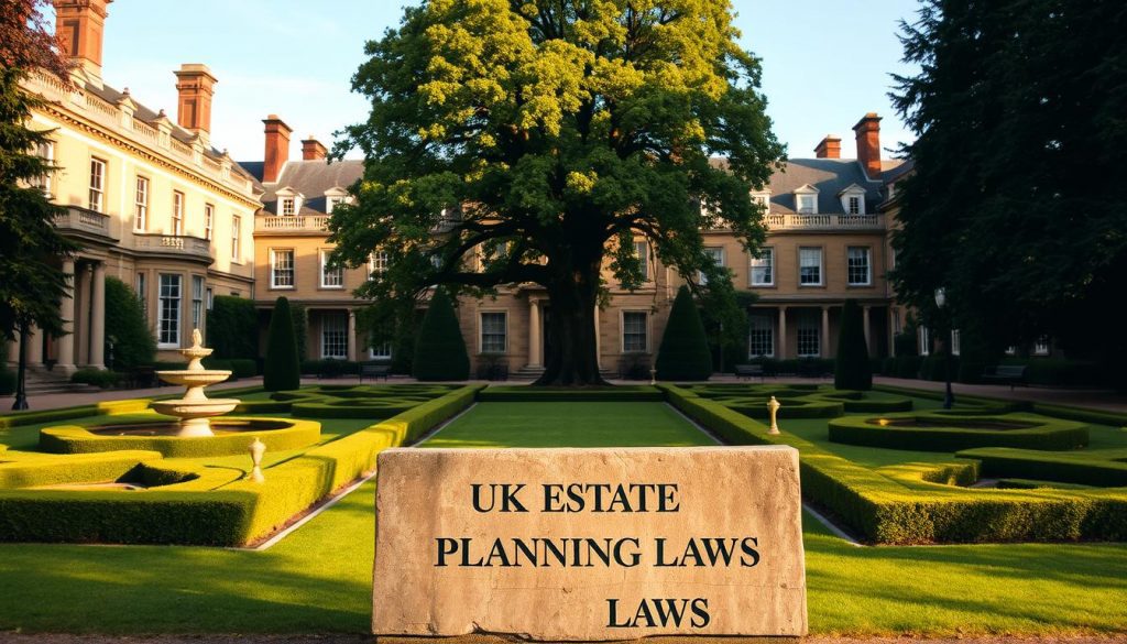 A grand British estate, its stately architecture bathed in warm afternoon sunlight. Manicured gardens surround the building, meticulously designed with hedgerows and fountains. At the center, a large oak tree casts a subtle shadow across the scene. In the foreground, a weathered stone plaque stands, etched with the words "UK Estate Planning Laws". The image conveys a sense of tradition, authority, and the timelessness of the legal system, setting the stage for the article's exploration of the crucial considerations around estate planning in the United Kingdom. A grand British estate, its stately architecture bathed in warm afternoon sunlight. Manicured gardens surround the building, meticulously designed with hedgerows and fountains. At the center, a large oak tree casts a subtle shadow across the scene. In the foreground, a weathered stone plaque stands, etched with the words "UK Estate Planning Laws". The image conveys a sense of tradition, authority, and the timelessness of the legal system, setting the stage for the article's exploration of the crucial considerations around estate planning in the United Kingdom.