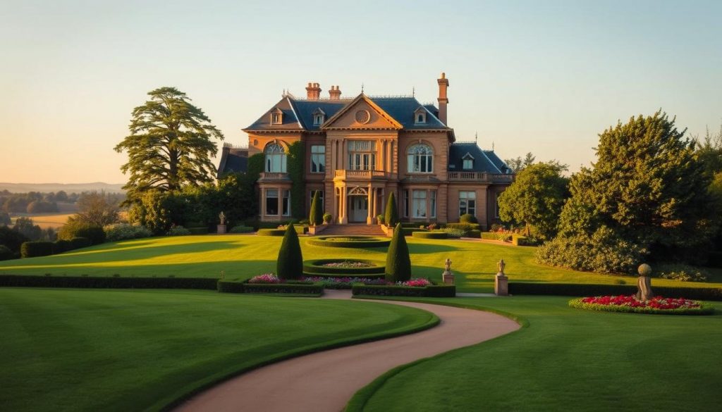 A grand, Victorian-era mansion nestled amidst lush greenery, its stately facade bathed in warm, golden light. In the foreground, a well-manicured lawn with a meandering path leads the eye towards the impressive structure. Towering columns flank the ornate entrance, while intricate architectural details speak to the property's timeless elegance. The middle ground reveals a serene garden, with neatly trimmed hedges and vibrant flower beds. Beyond, a hazy, pastoral landscape fades into the distance, creating a sense of tranquility and seclusion. The overall scene conveys the prominence and significance of the main residence, suggesting its role in matters of inheritance and taxation.